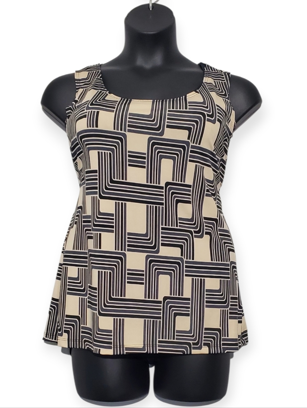 Ashley Stewart Geometric Print Scoop Neck Women's Tank Top - Black & Cream